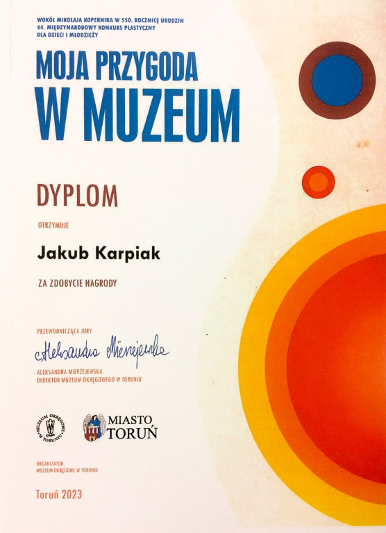 Nagroda dla Jakuba Karpiaka w konkursie plastycznym „Moja Przygoda w Muzeum”