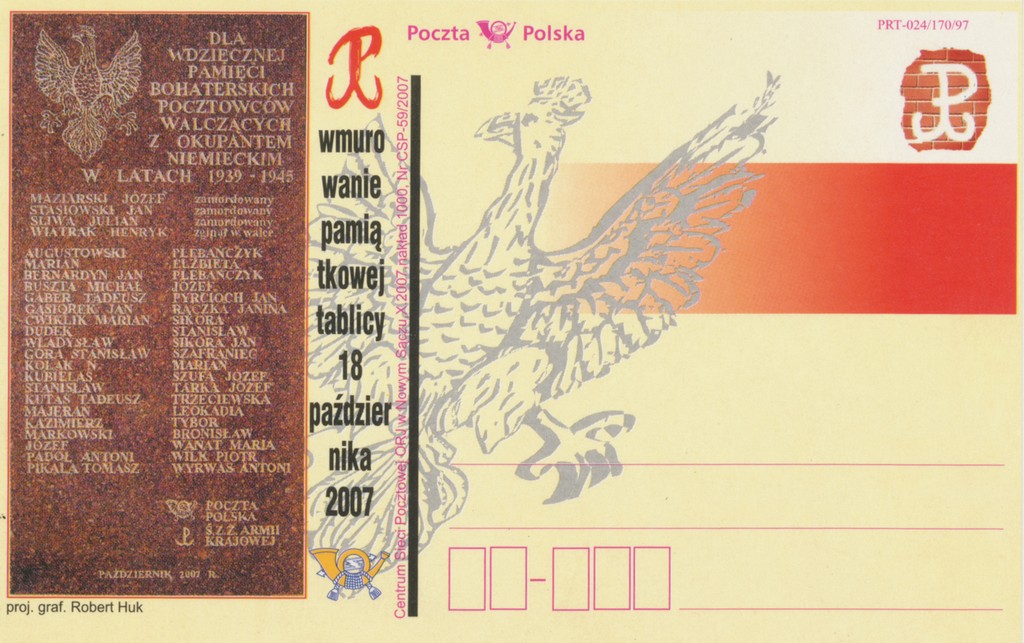 tablica na ścianie budynku poczty upamiętniająca pocztowców walczących z niemieckim okupantem w l. 1939-1945