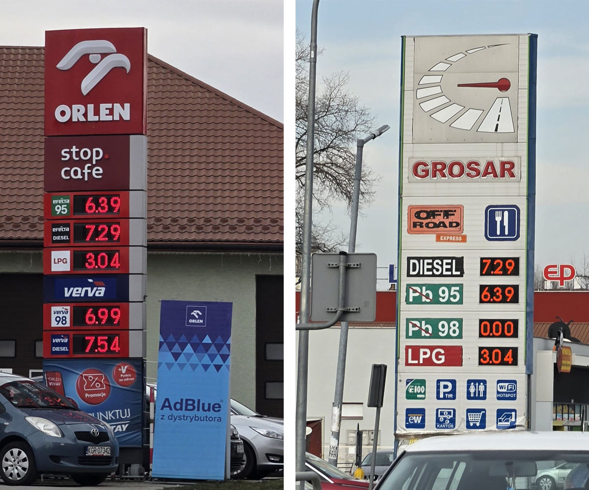 Ceny paliw w dniu 8 marca 2026 (po lewej Orlen - ul. Węgierska, po prawej Grosar - ul. Kościuszki)