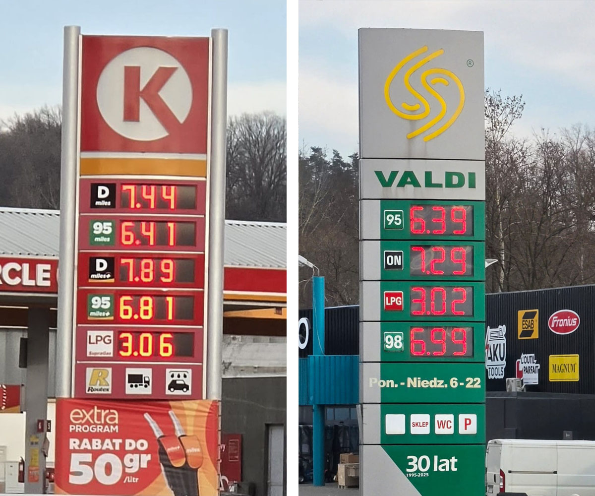 Ceny paliw w dniu 8 marca 2026 (po lewej Circle K - ul. Sportowa, po prawej Valdi - ul. Biecka)