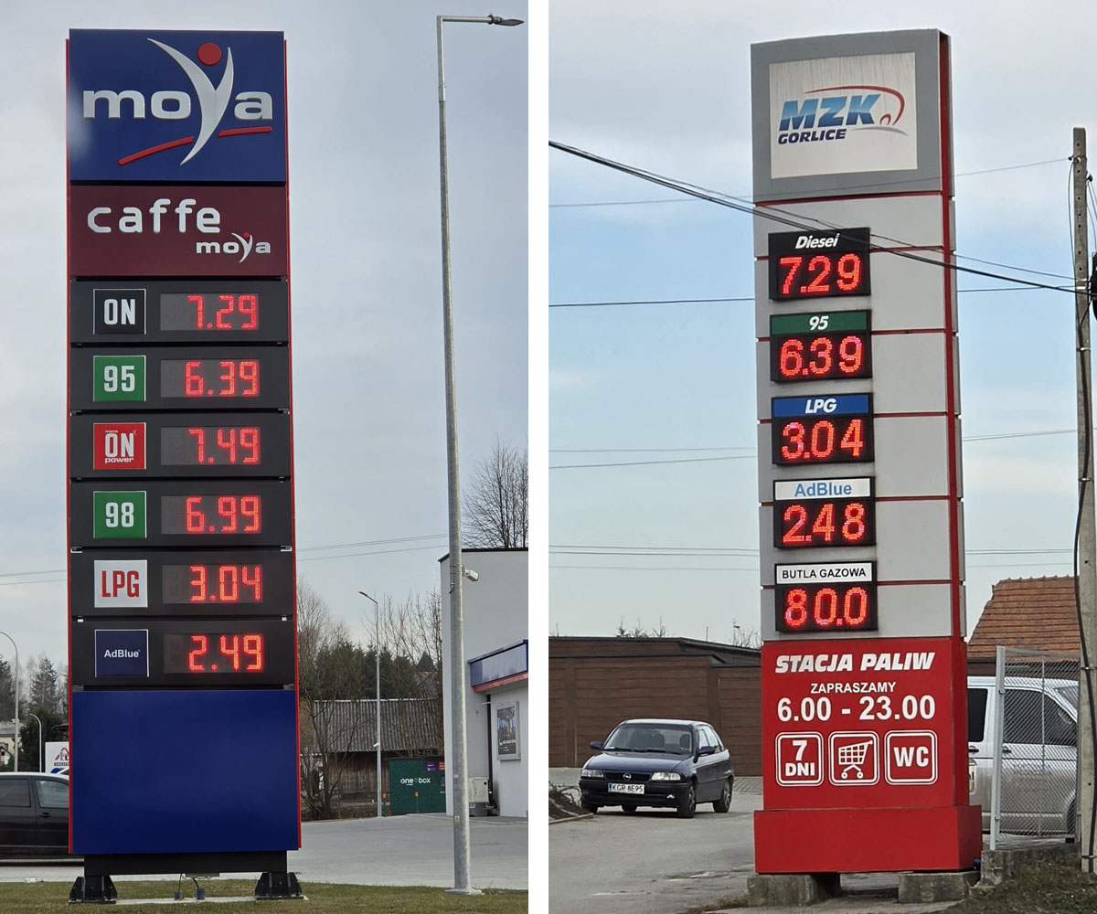 Ceny paliw w dniu 8 marca 2026 (po lewej Moya - ul. Stróżowska, po prawej MZK, ul. Krakowska)