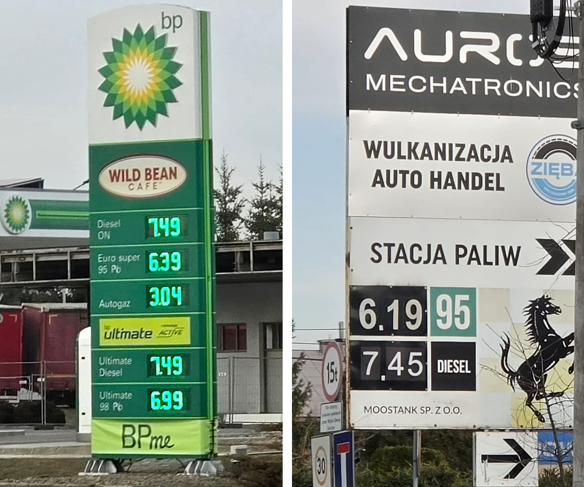 Ceny paliw w dniu 8 marca 2026 (po lewej BP - ul. Biecka, po prawej Stacja Paliw w Ropicy Polskiej)